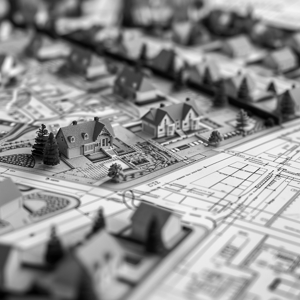 Architectural scale models arranged over property plans